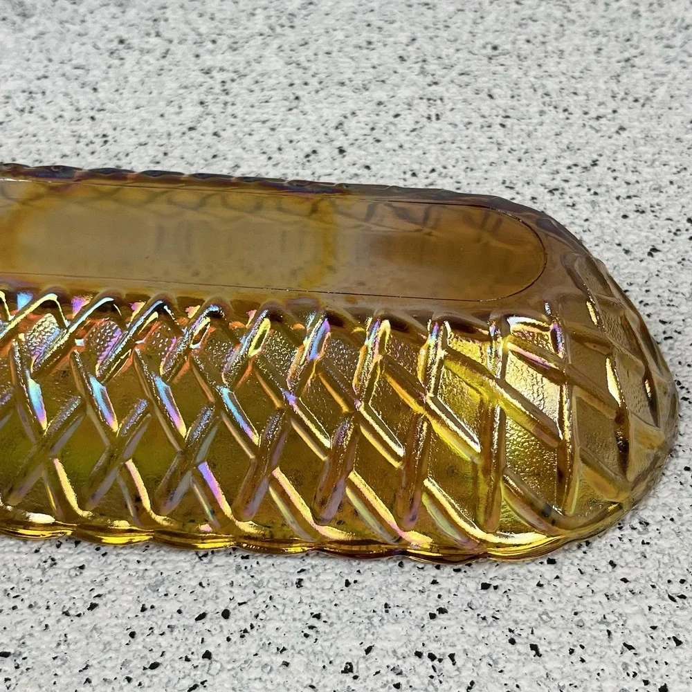 Indiana Glass Vintage Amber Marigold Carnival Glass Dish Basketweave Pretzel